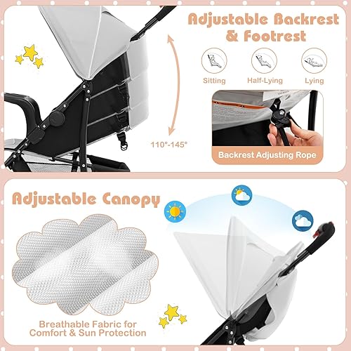 Miniatura 6 de HONEY JOY Cochecito ligero, cochecito de viaje compacto para avión, cochecito plegable para niños pequeños con toldo y respaldo ajustables, canasta