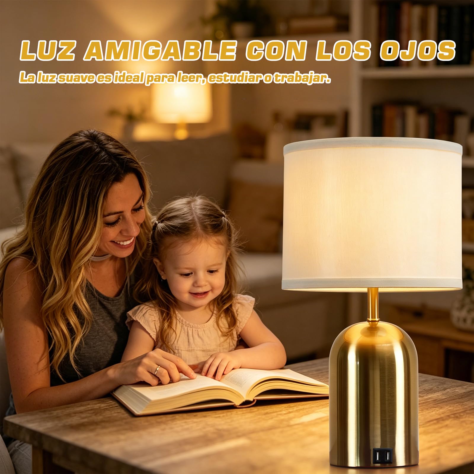 GyroVu Lámpara de Mesa Puerto USB, Lámpara de Control Táctil para Dormitorio, Lámpara de Noche con 3 Niveles de Intensidad Regulable, Pantalla de Tela, Base Dorada para Sala de Estar, Dormitorio,