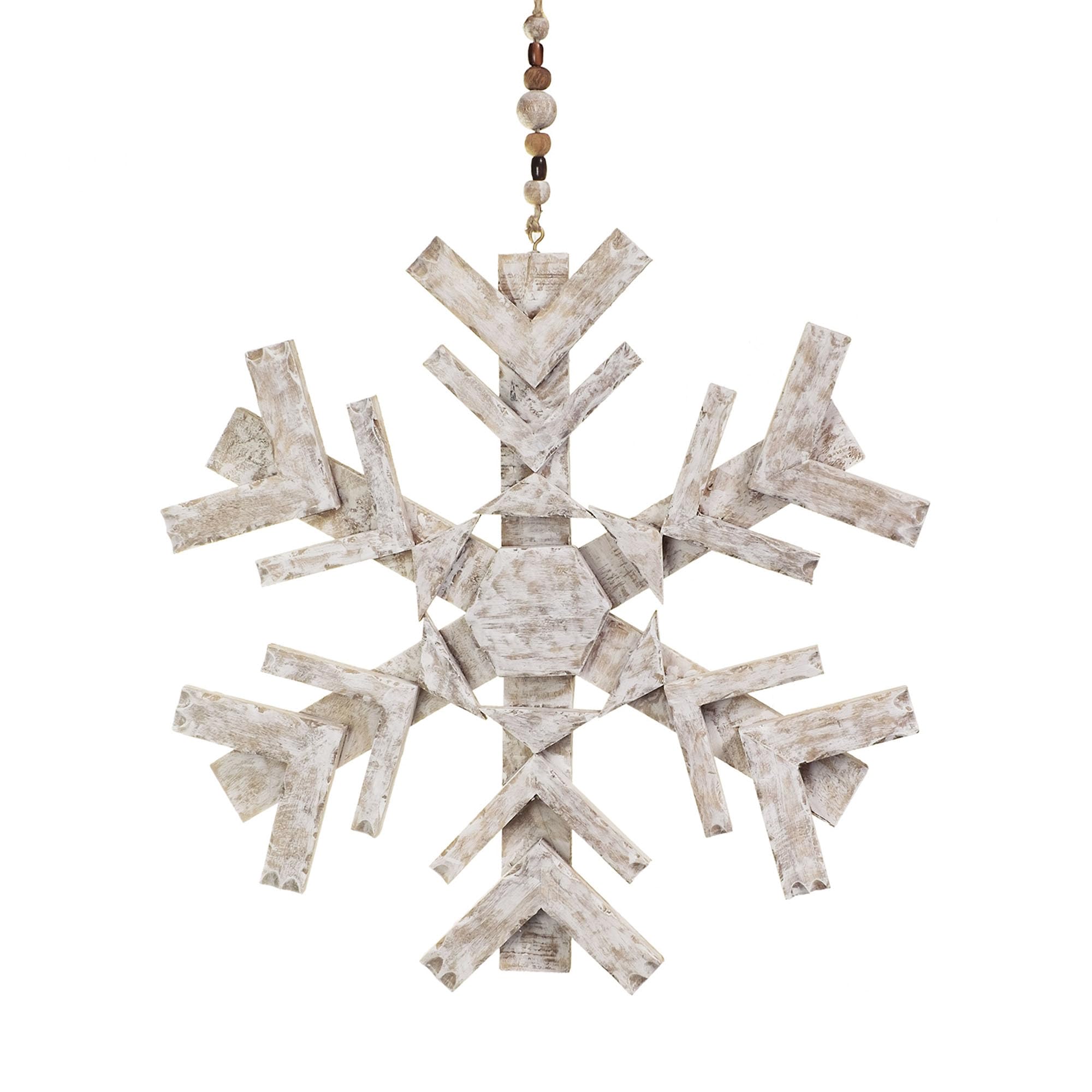 Moritz Décoration de Noël flocon de neige 60 cm à suspendre en bois de manguier Décoration murale ou de fenêtre de style naturel avec suspension en perles de bois Décoration de Noël rustique