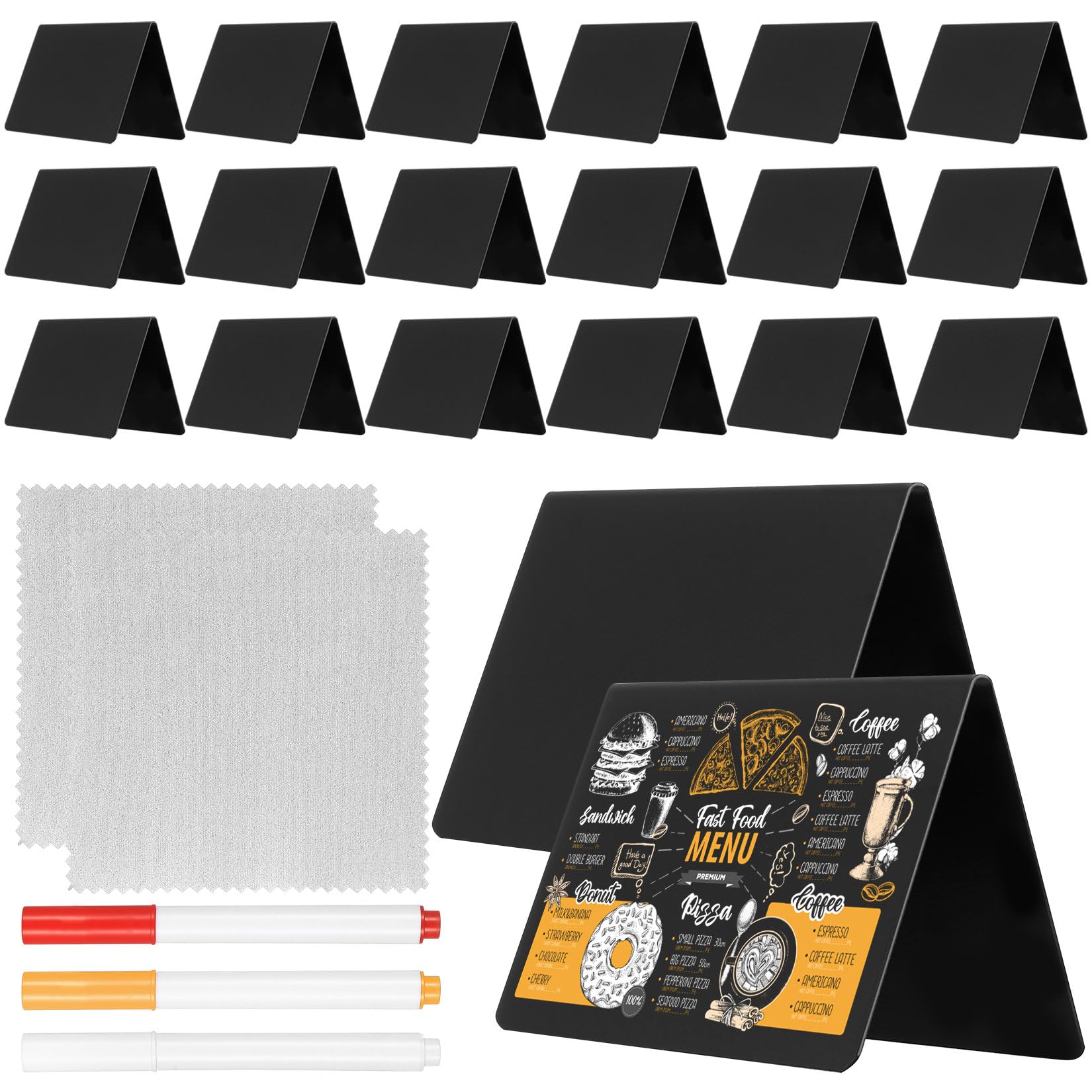 21 sztuk mini tablicy stołowej 100 x 75 mm w kształcie litery V + 3 markery, 2 sztuki | Dwustronna ścieralna podstawa w kształcie litery V Ceny bufet łatwe czyszczenie wielokrotnego użytku na imprezy biurowe