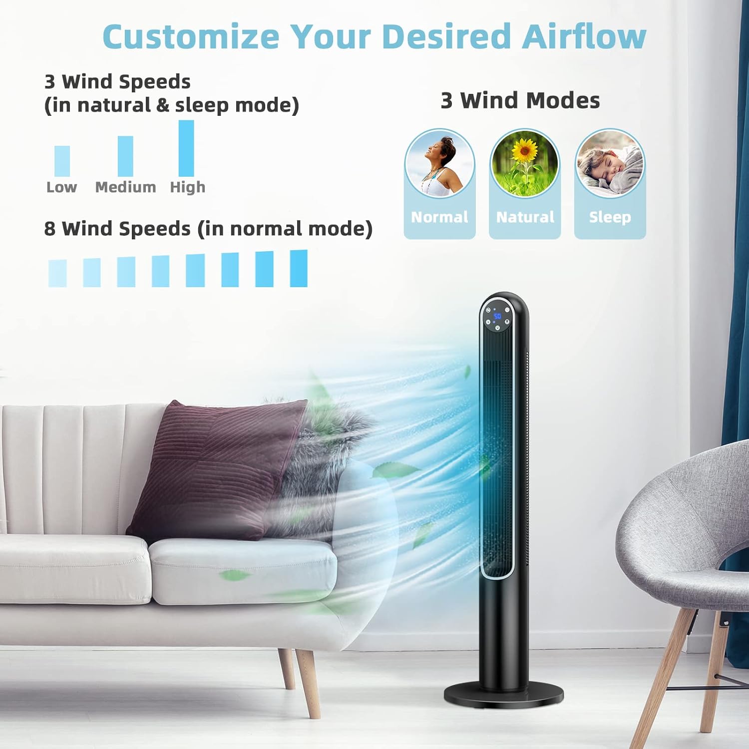 GORELAX Tower Fan with Remote, Portable Oscillating Fan w/8 Speeds & 3 Modes, 12H Timer, LED Display, 42” Tall Quiet Standing Floor Fan, ventilateur tour Bladeless Fans for Bedroom Home Office (Black)