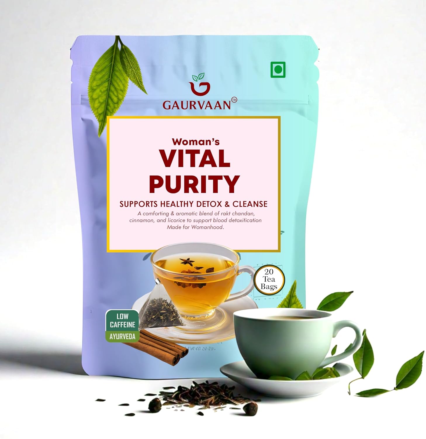 Gaurvaan Herbal Tea Vital Purity Tea Bag Green Tea & Cinnamon Flavour 20 Tea Bags (Pack Of – 1)