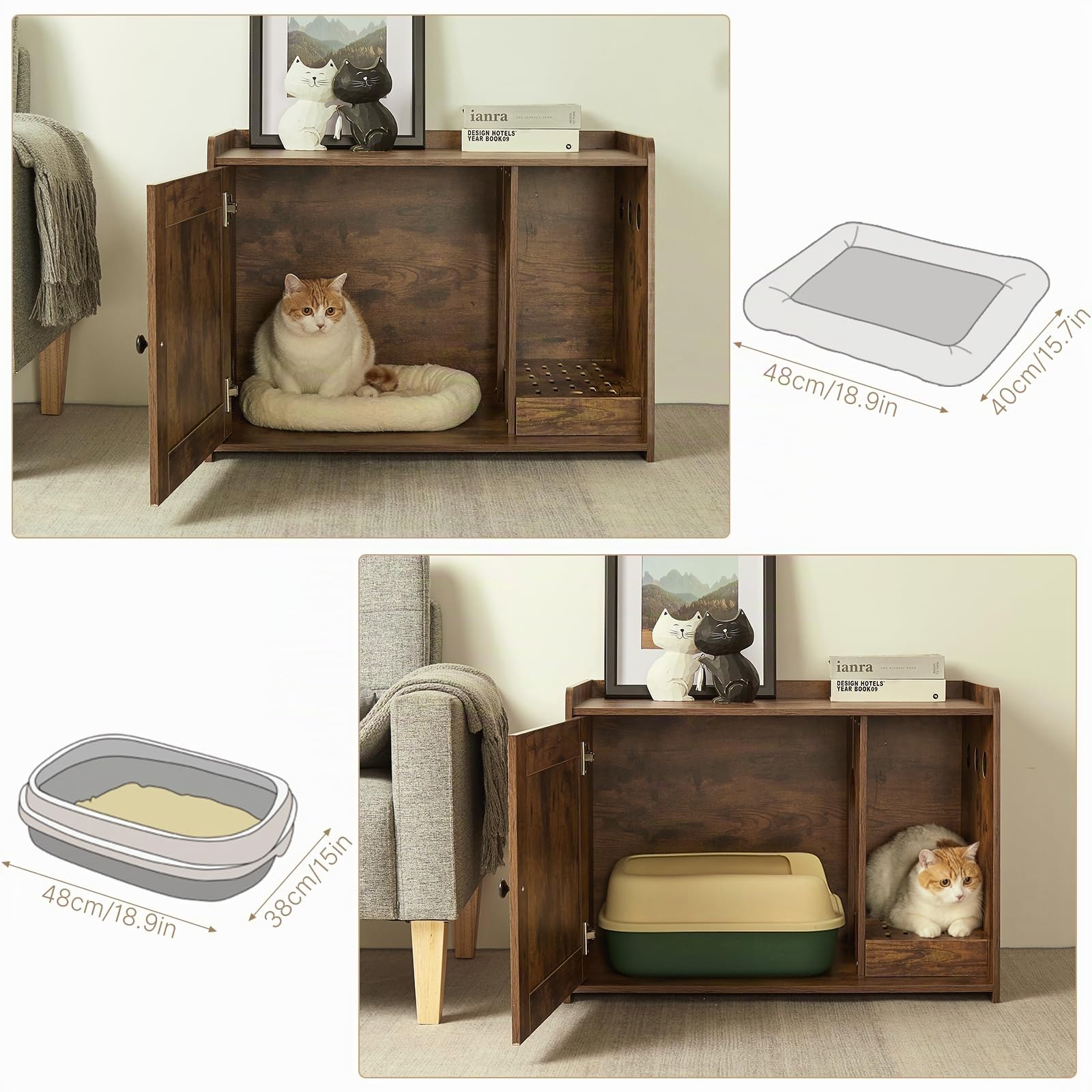 Mondeer Katzenschrank Katzenklo, mit Tür, Stauraum, Industrial Style,Braun | Versteckte Katzentoilette, zugleich Katzenhaus. Für Wohnzimmer, Schlafzimmer, Flur. Stilvoll, geruchsarm.