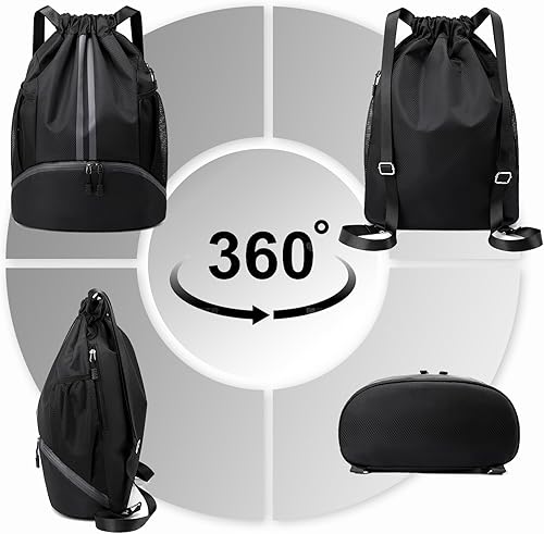 Miniatura 7 de Hoedia Mochila deportiva con cordón, bolsa de gimnasio con compartimento para zapatos y bolsillo a prueba de humedad para mujereshombres, Negro -,