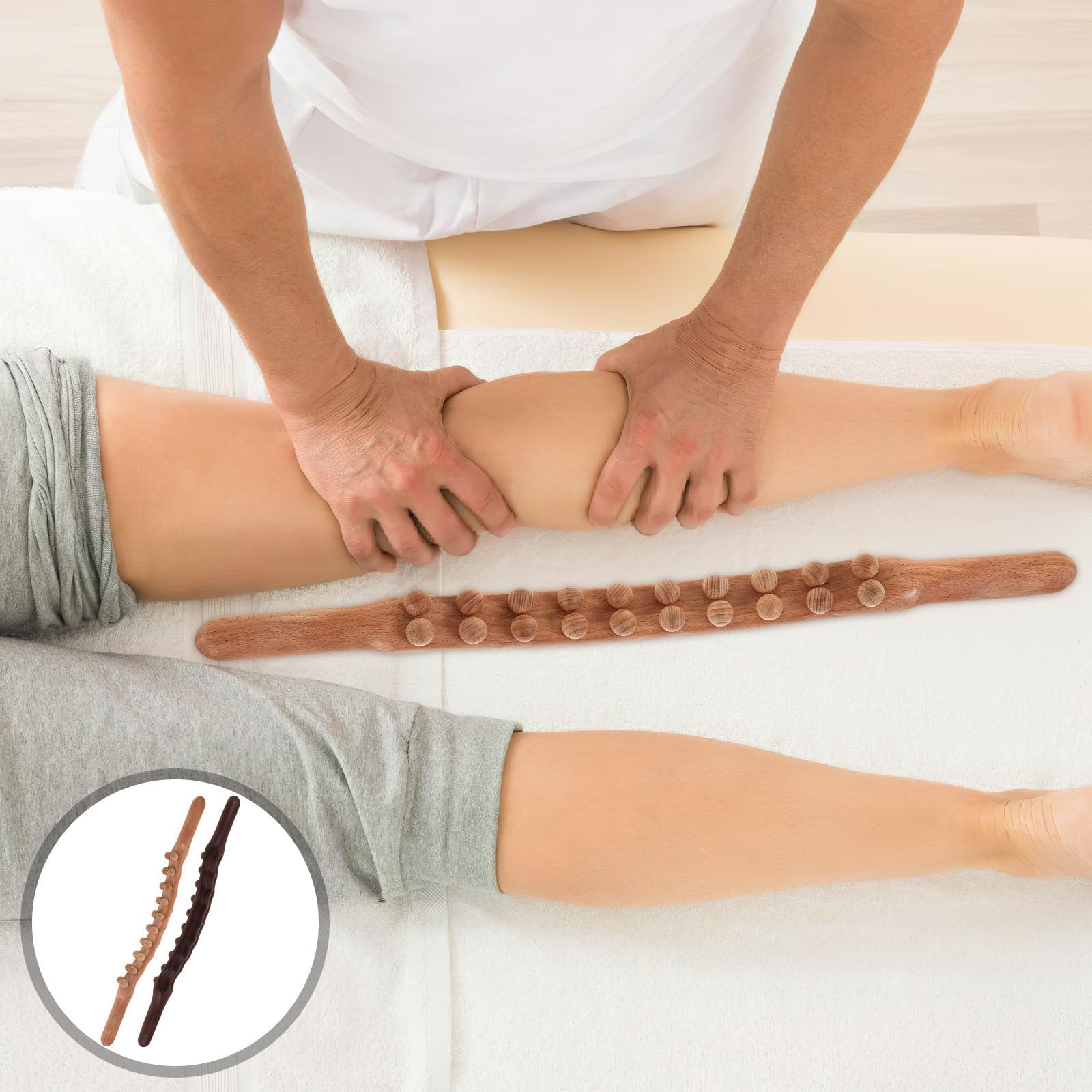 2 Piezas Palo de Masaje Corporal Gua Sha con 20 Cuentas de Madera