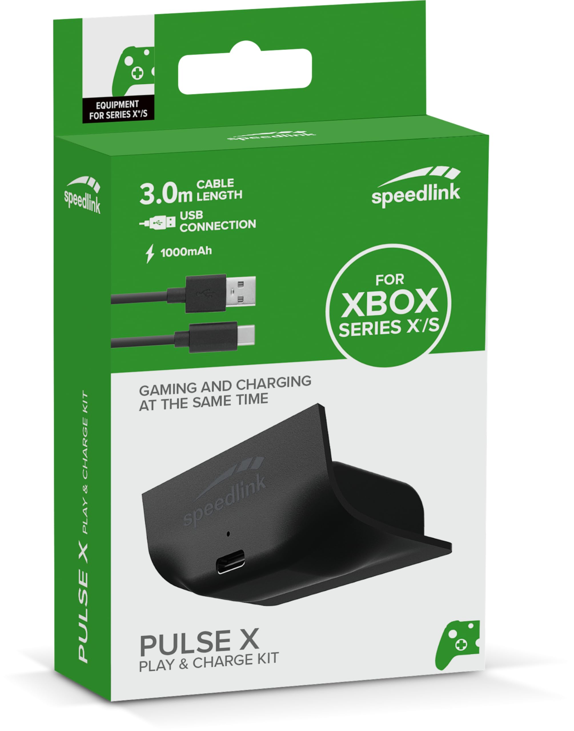 Speedlink PULSE X Play & Charge Kit - Xbox Controller Akku mit Befestigung für Xbox Series X/S Controller, 1000mAh für zusätzliche 8 Stunden Spielzeit, 3 Meter Kabel, schwarz