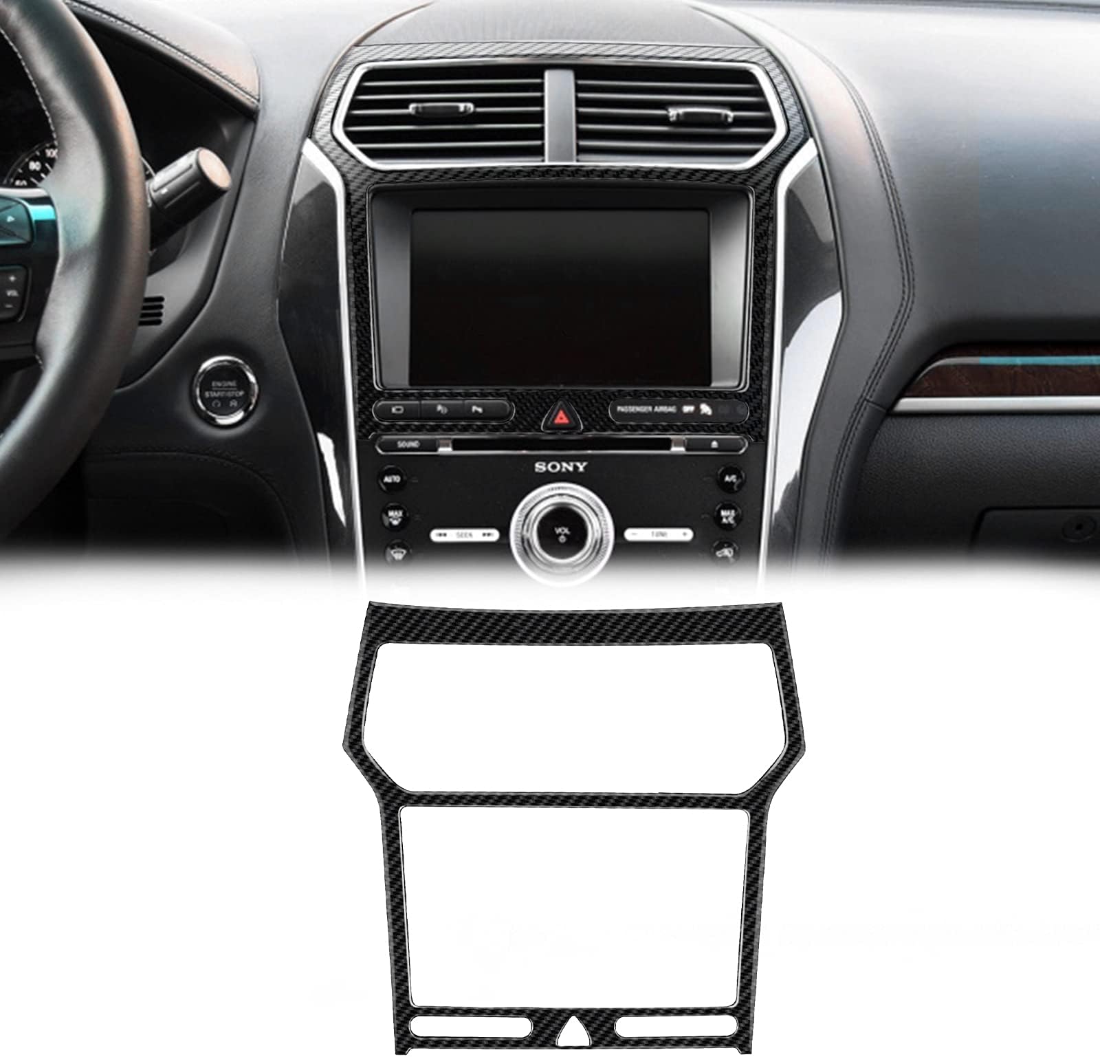 SUNJIKA Compatible with 1PCS Carbon Fiber Center Console GPS Screen Navigation Contral Panel Air Conditioner Frame Cover Trim Sticker for Ford Explorer 2014 2015 2016 2017 2018 (Black)