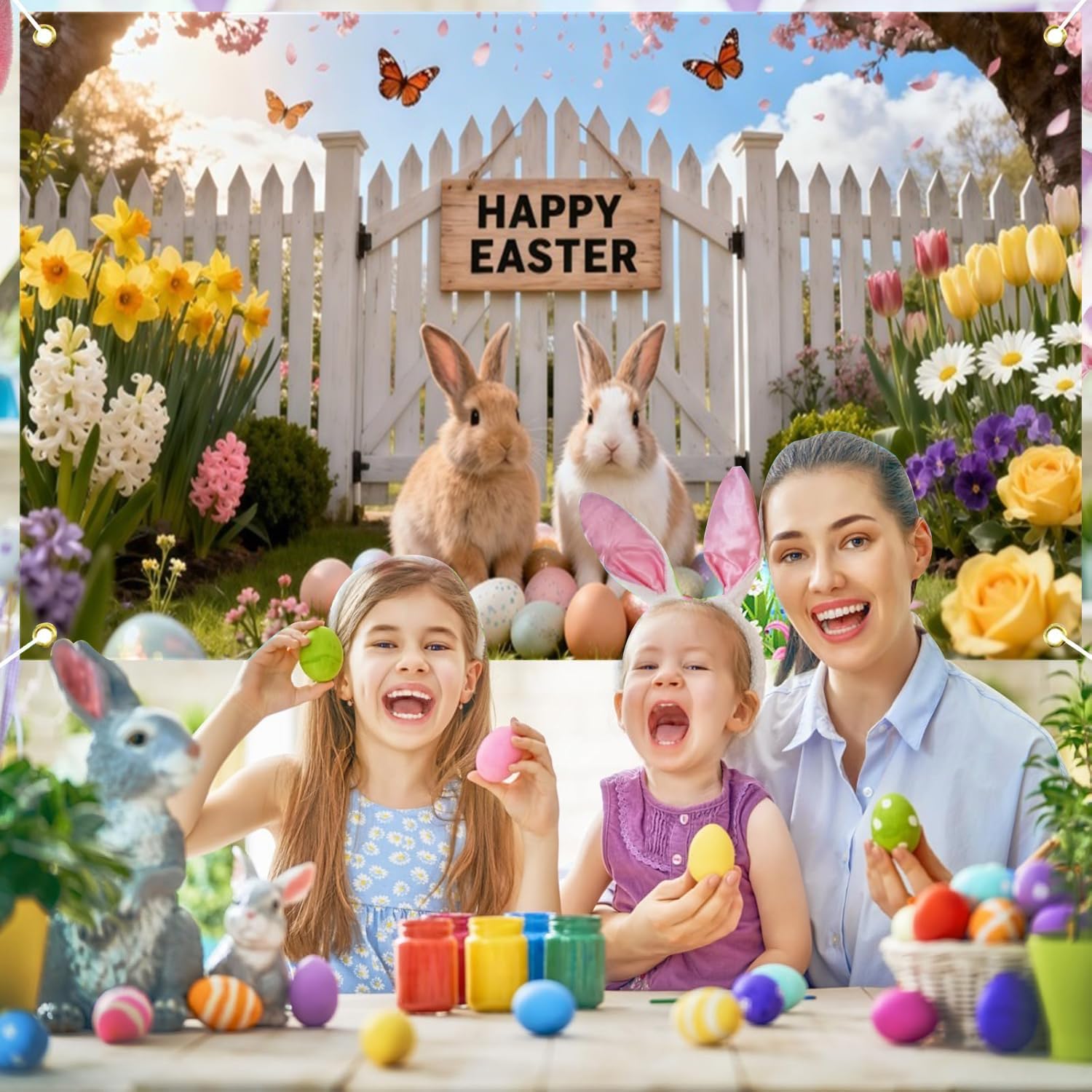 7x16ft Spring Easter Fence Garage Door Cover Bunny Easter Garage Door Decorations Banner for Kids Family Indoor Outdoor Spring Party Decor Photography Backdrop