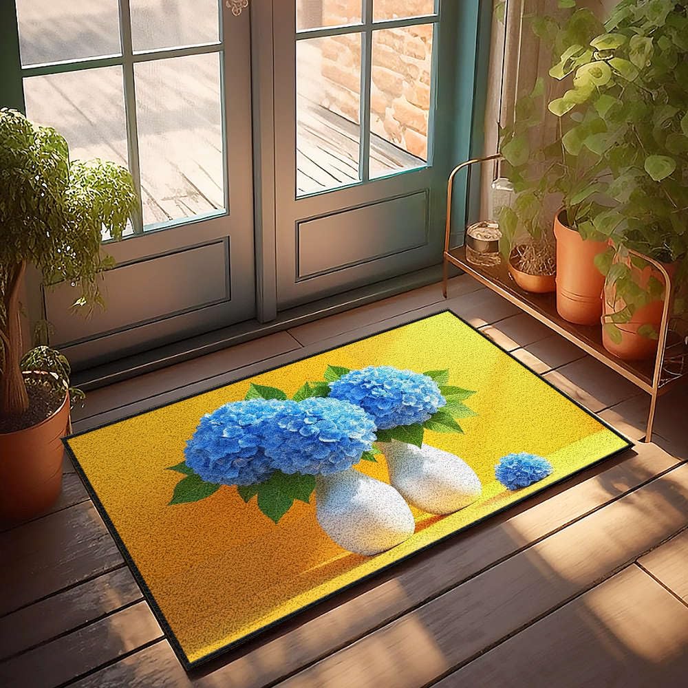 Tapis d'extérieur hortensias bleus 65x90cm pour paillasson de jardin coloré
