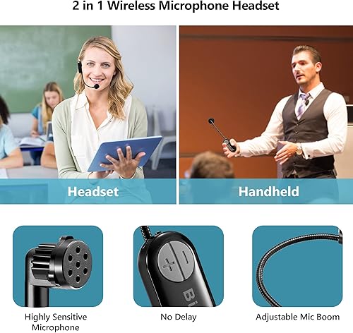 Vista 5 de Bietrun Auriculares inalámbricos con enchufe de 1/4 pulgadas, rango de 165 pies, micrófono inalámbrico UHF y micrófono de mano 2 en 1, para altavoz