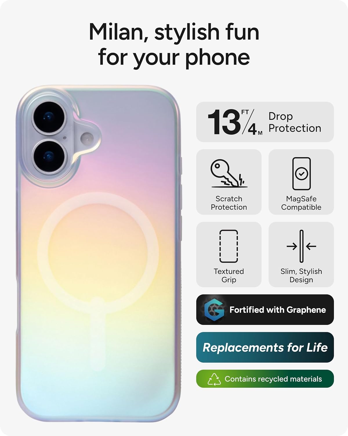 ZAGG Milan Snap Case for iPhone 17 - Iridescent, Graphene Strengthened Phone Case with Drop Protection (13ft/4m), Textured Edges & Sparkle Design, MagSafe Charging Compatible