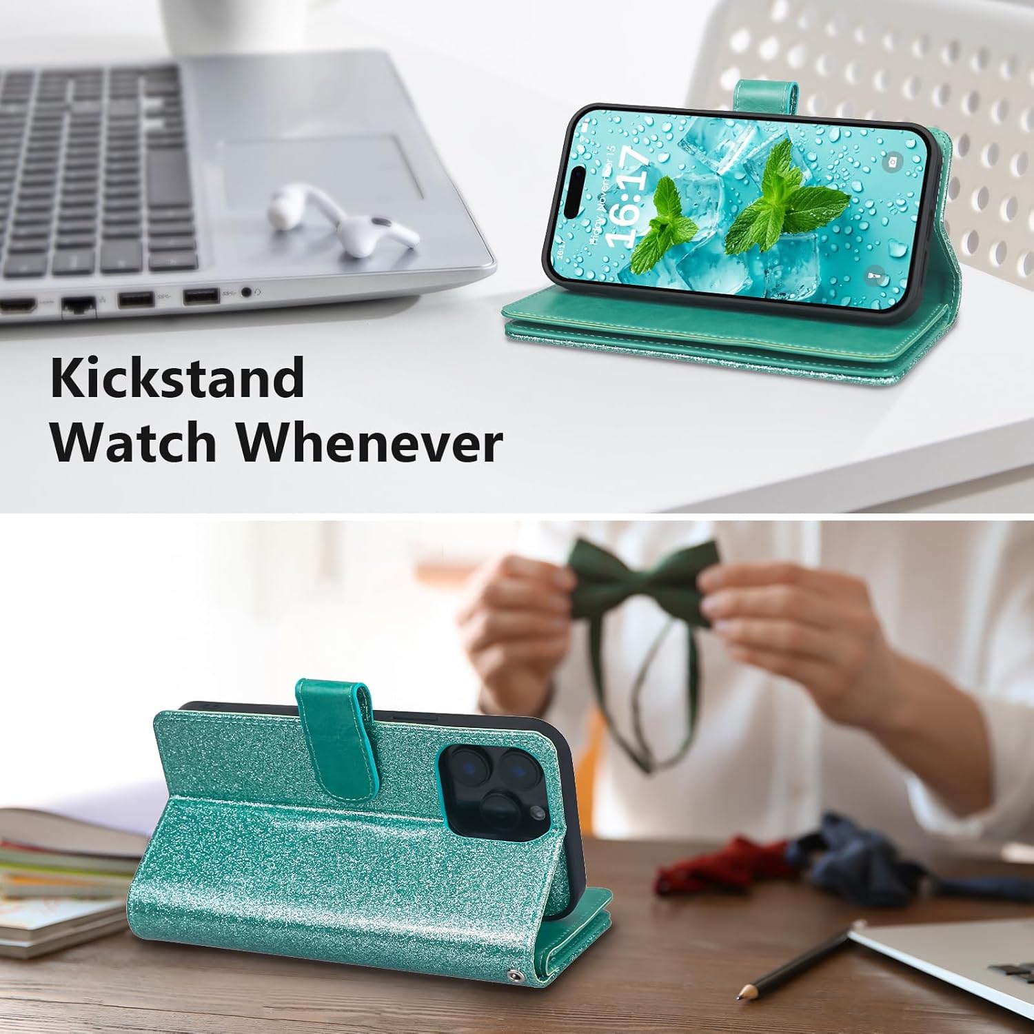 Varikke for iPhone 15 Pro Max Wallet Case Detachable with Card Holder for Women, Fashion Glitter Leather Strap Magnetic Flip Wallet Removable Phone Case Cover for iPhone 15 Pro Max 6.7", Mint Green - Image 8