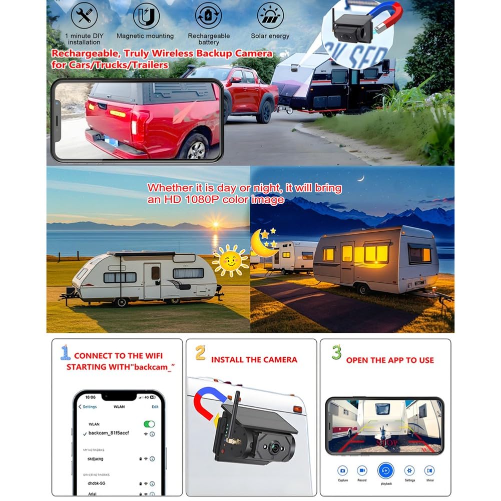 Cámara de Visión Trasera Inalámbrica con Energía Solar para Enganche de Remolque de Caravana o Remolque para Caballos, con Aplicación WiFi para Teléfonos Móviles para Android e iOS