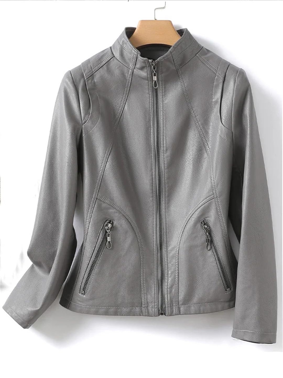 Giacca da donna in pelle corta con colletto alla coreana Slim Zipper Jacket Coat