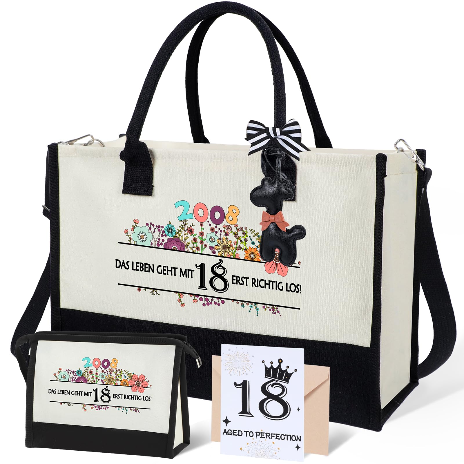 Seutgjie Geschenke zum 18. Geburtstag Mädchen Vintage 2008 Canvas Einkaufstasche Tragetasche Kosmetiktasche Set mit Glückwunschkarte 18. Geburtstagsgeschenk für Tochter Schwester Nichte | Geburtsjahr, Reh-Anhänger, Originaldesign, Glückwunschkarte