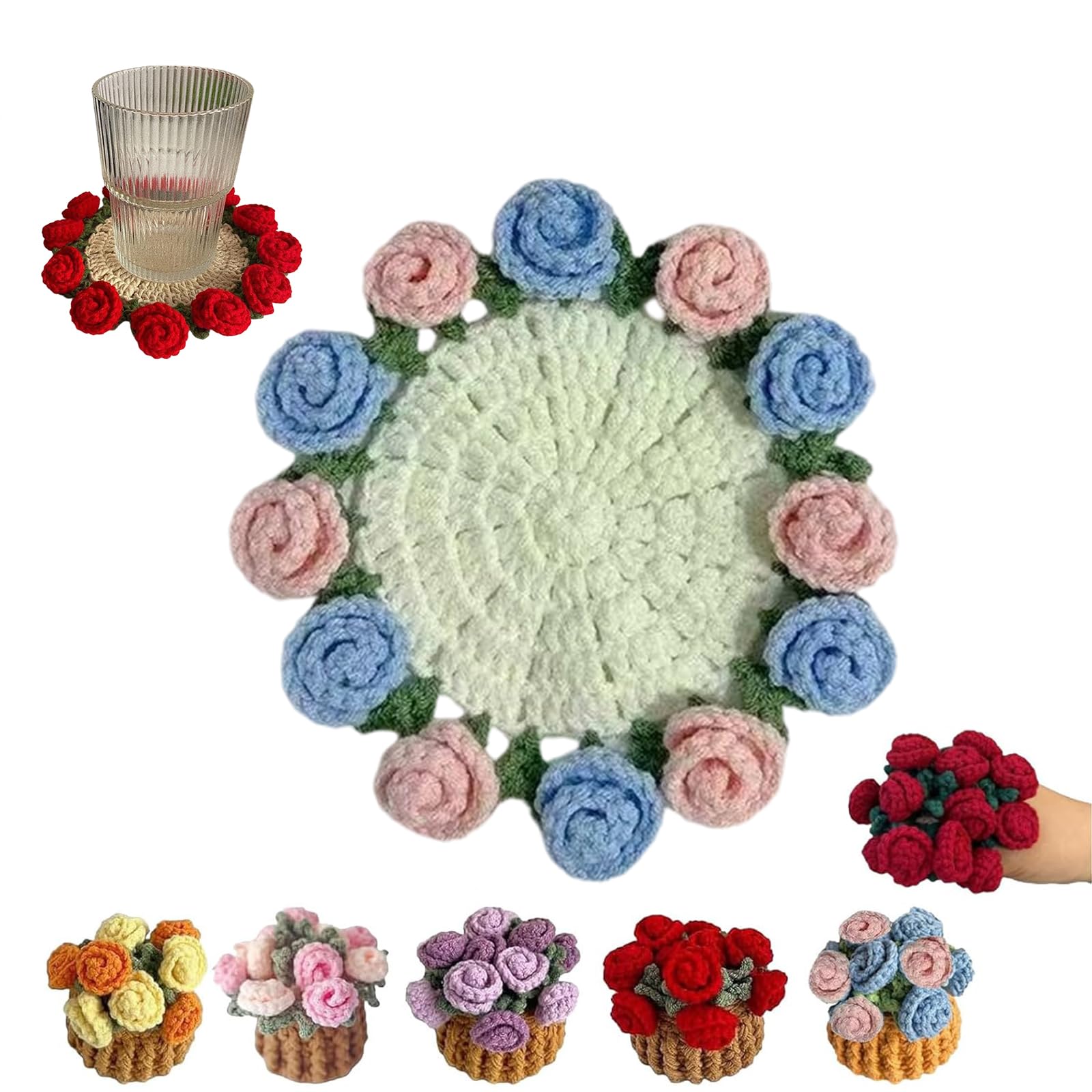 Virtuetion Unique Crochet Drink Coasters, Virtuetion Rose Bouquet Coaster, Crochet Flower Coasters with Basket for Home Bar Desk Decor (Blue)