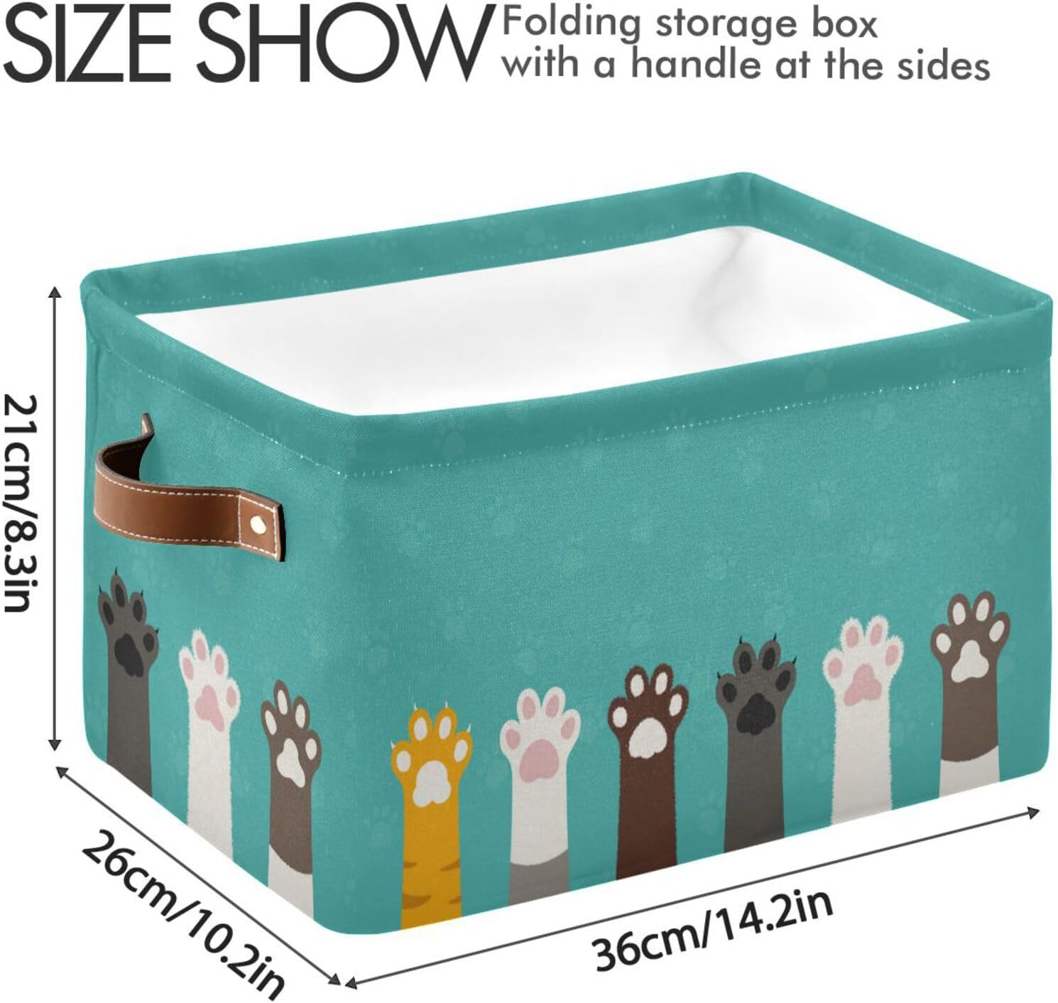 Kigai Foldable Rectangular Storage Baskets - Fabric Shelves Storage Bins with Leather Handles for Organizing Closet Clothes, Toys, Towels, Bedroom, Bathroom, Nursery, Office (Cute Cat Paws,1 PCS)