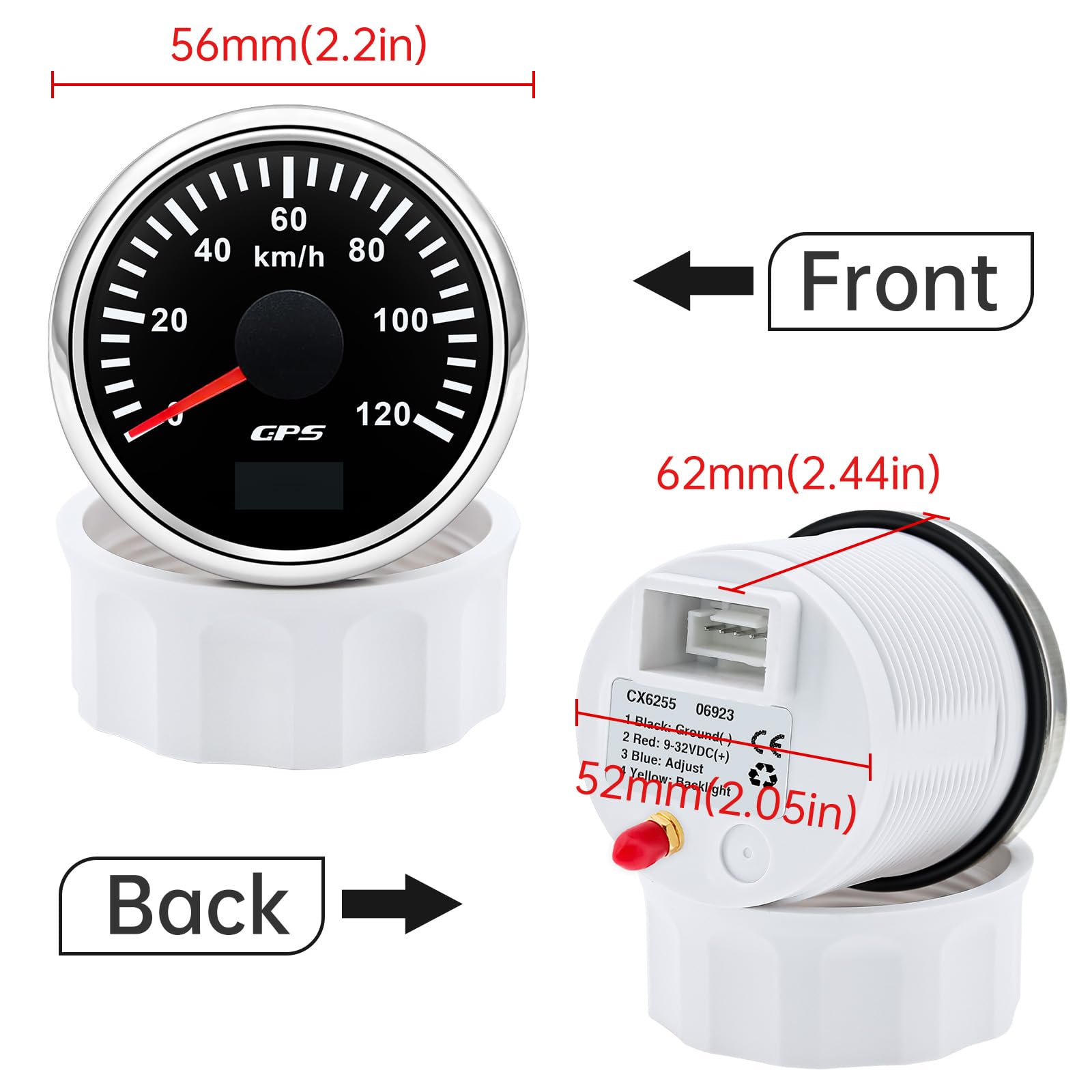 Compteur de vitesse GPS 52mm pour bateau, tachymètre, odomètre 0-120 km/h, étanche IP67, tachymètre 7 couleurs, instrument de mesure pour voiture bateau yacht 12V/24V