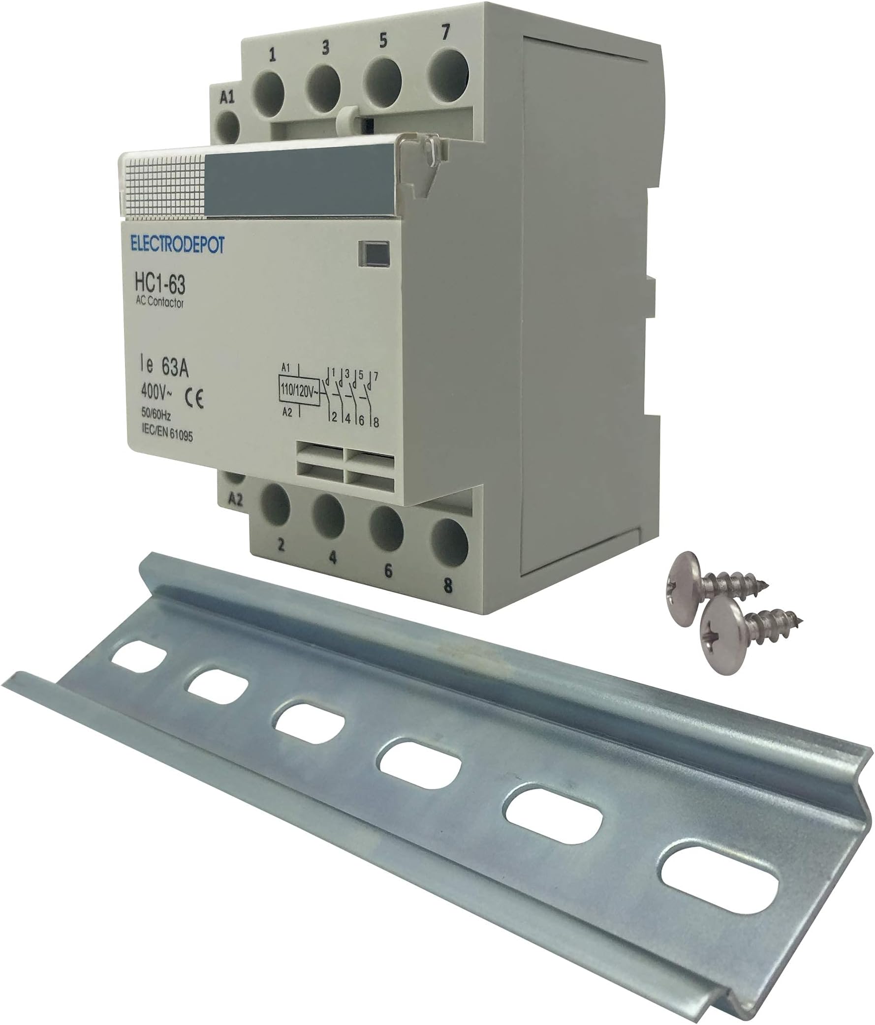 Electrodepot 60 Amp 4 Pole Normally Open Contactor, 110-120V Coil, Motor Load 40A, Lighting 63A Bundle with Slotted Steel Zinc Plated DIN Rail, 35 mm x 6 in – 1 Piece with 2#10 Screws
