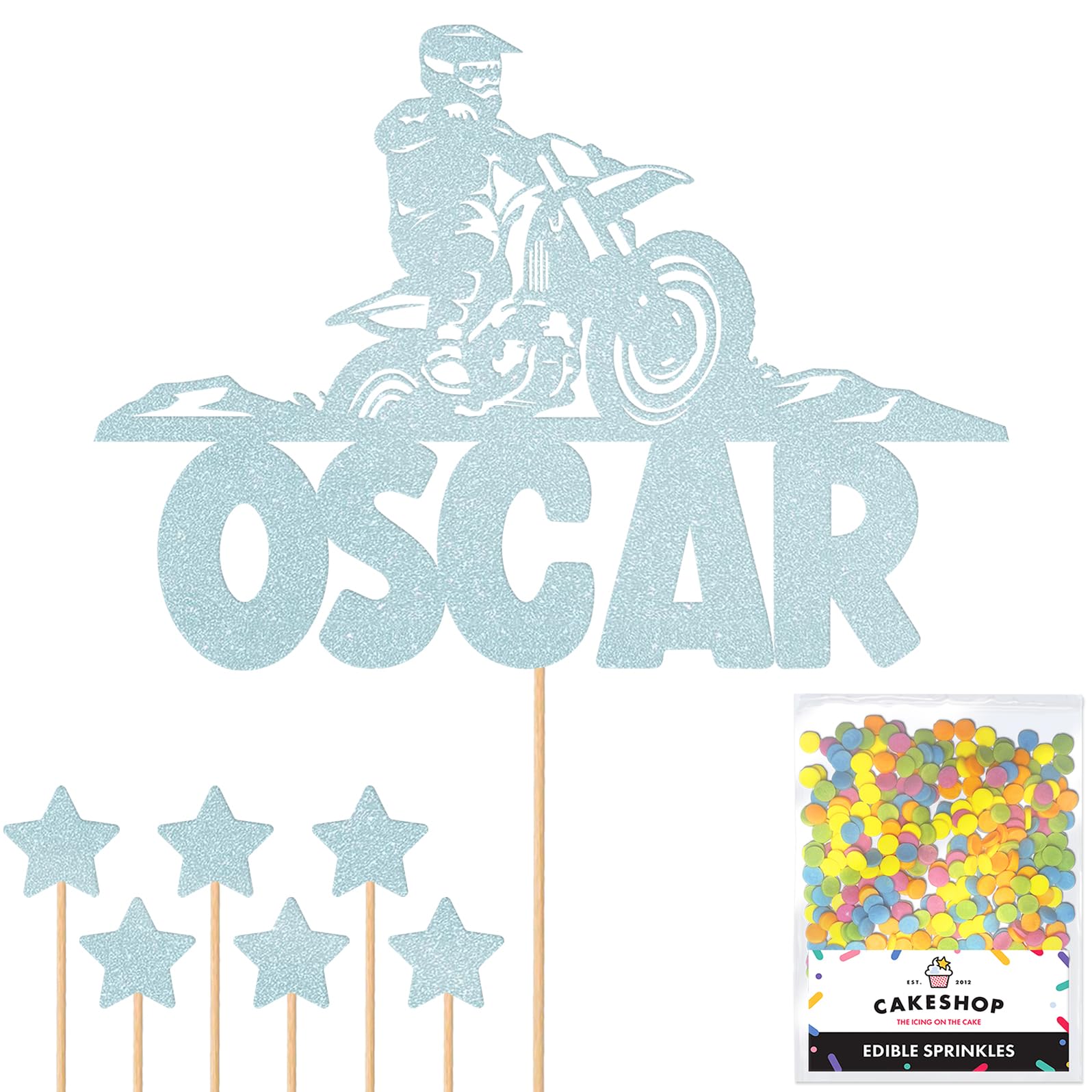 Personalised Dirt Bike Motorbike Racing Glitter Cake Topper - Light Blue Custom Name Glitter Cake Decoration and Sprinkles - Happy Birthday Decorations - Personalised Toppers for Cakes by Cakeshop