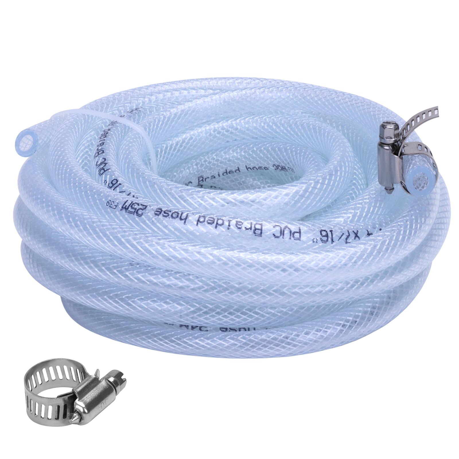Soft Braided PVC Tubing - 1/4" x 7/16" OD High Pressure Clear Flexible PVC Tube Reinforced Vinyl Hose for Water, Oil with 2pcs Hose Clamps (25Ft)