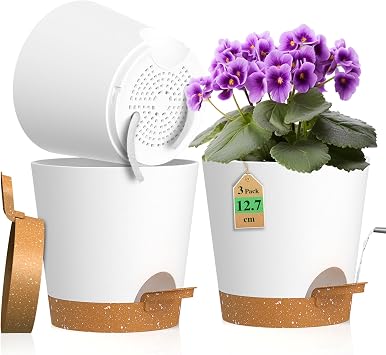 WSMKSZ 12.7 cm Self Watering Plant Pots Indoor, 3 Pack 5 inch Thick Plastic Flower Pots with Drainage Holes & Removable Reservoir, Small Nursery Pots with Cotton Wick for House Plants, White Brown