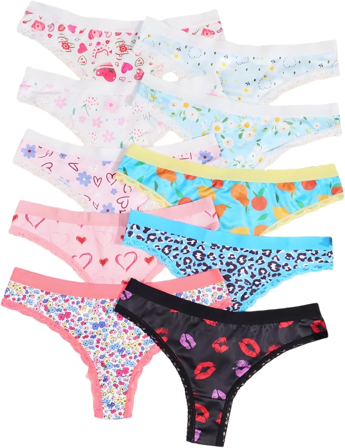 Morvia 10pcs Women's Fruits Hearts Leopard Floral Print Thongs Underwear Soft Lace Trim Panties Lingerie - Image 4