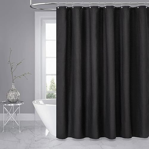 Miniatura 6 de Dynamene Cortina de ducha larga de tela negra  Cortinas de ducha de tela alta y resistente con textura de gofre, juego de cortina de baño de lujo de