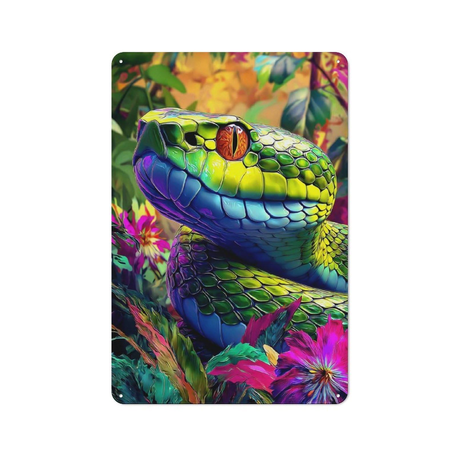 Junmoney Colorful Snake In Lush Jungle Metal Plaque With Design 30X20cm, Cosy Diner Style Decor For Coffee Bar, Kitchen, Bistro Or Tea Corner