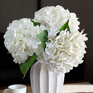 Real Touch White Hydrangea Artificial Flowers with Stems, Fake Silk Flowers for Outdoors, 3 Pcs Artificial Flowers for Home Decor Wedding Bouquets Centerpieces Vase