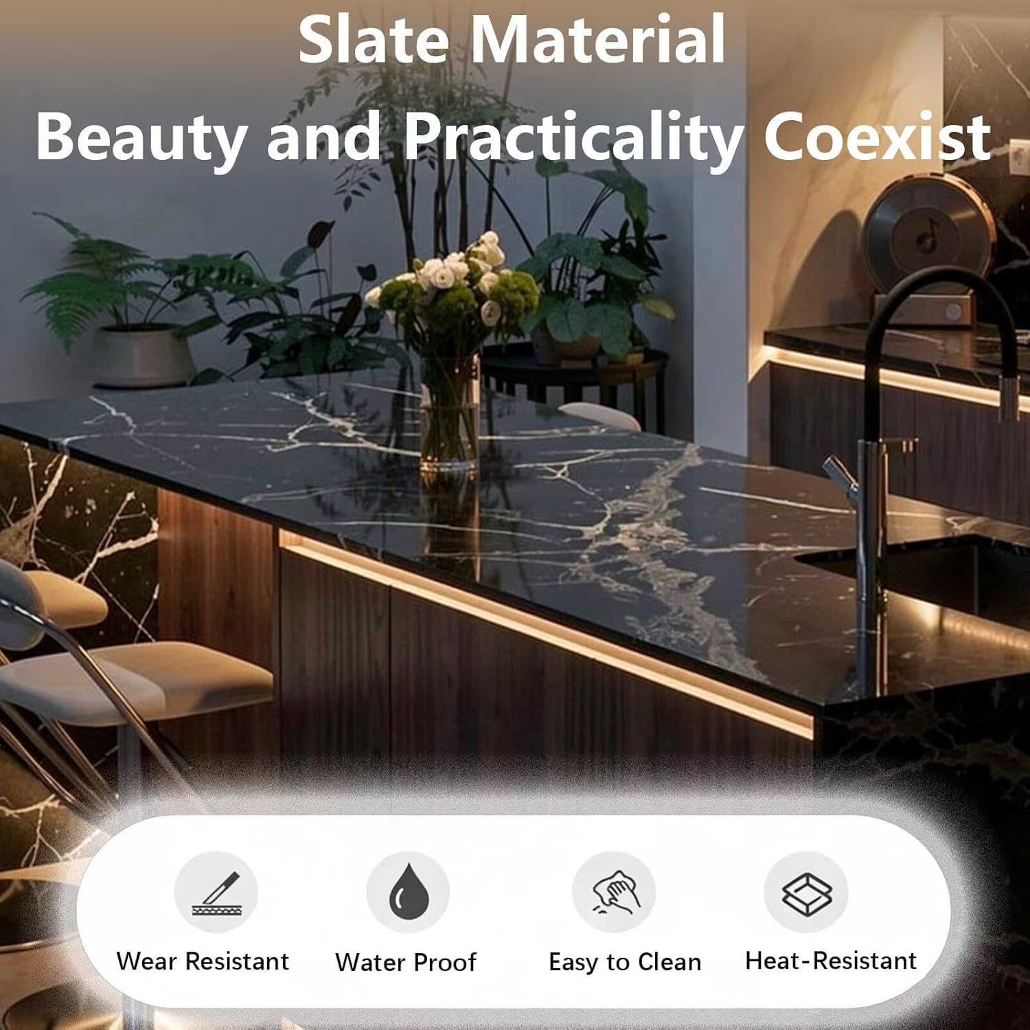 Kitchen Island with Storage - Kitchen Island Table with Integrated Sink, Modern Dinner Table Includes Under Cabinet Lighting, Power Outlets, Slate Patterned Top for 2 (68IN No Chairs)