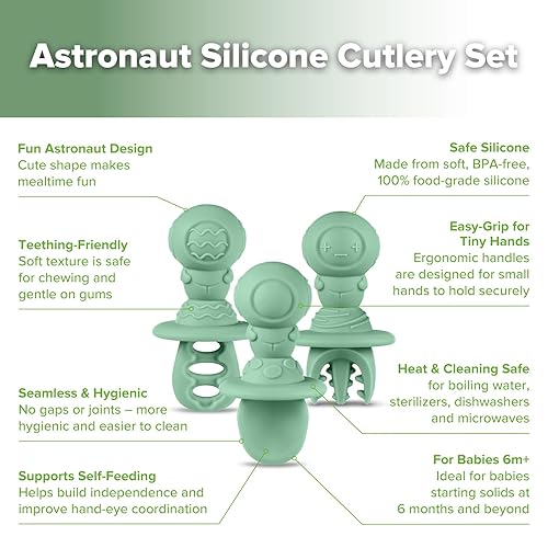 Miniatura 5 de Haakaa Cucharas de silicona para bebés de 6 meses, utensilios para bebés con mango de astronauta antiestrangulamiento, fácil de agarrar, aptas para