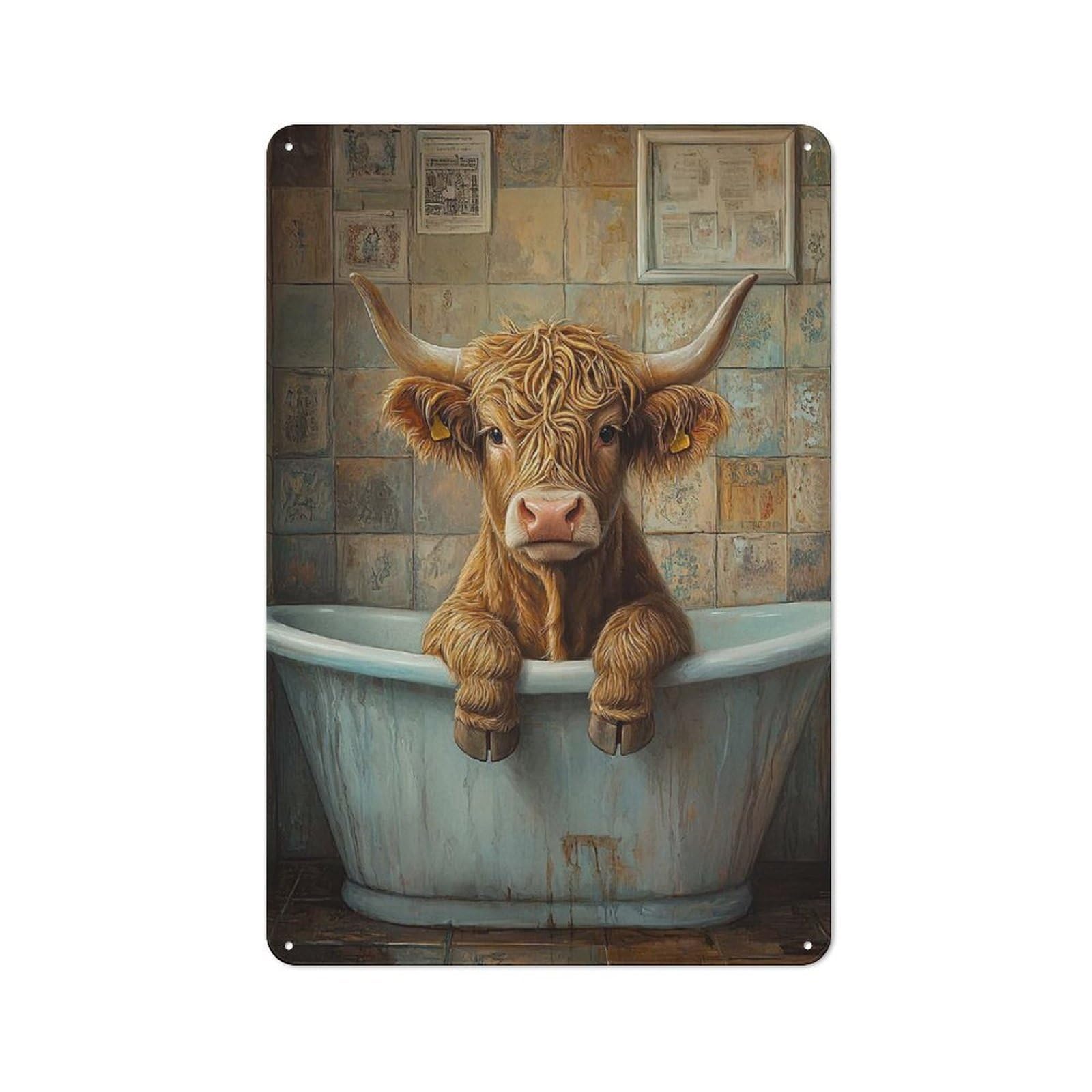 Junmoney Style Highland Cow In Bathtub Vintage Metal Wall Sign 30X20cm For Garage Wall, Suited To Garage Decor Collectors