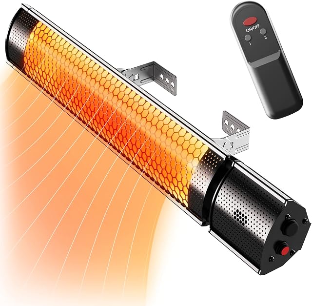 Pro Breeze Halogen Infrared Patio Heater - Wall Mounted Electric Heater With Remote Control for Garden/Outdoor - 2 Heat Settings (1KW &/2KW) - Fixtures & Fittings included