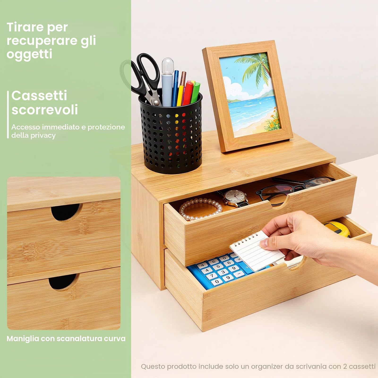 Organizzatore per Scrivania, Cassetto in Bambù Mini Cassettiera, Design Monopezzo, Scaffalatura per Trucco con 2 Cassetti per Ufficio, Soggiorno e Camera da Letto