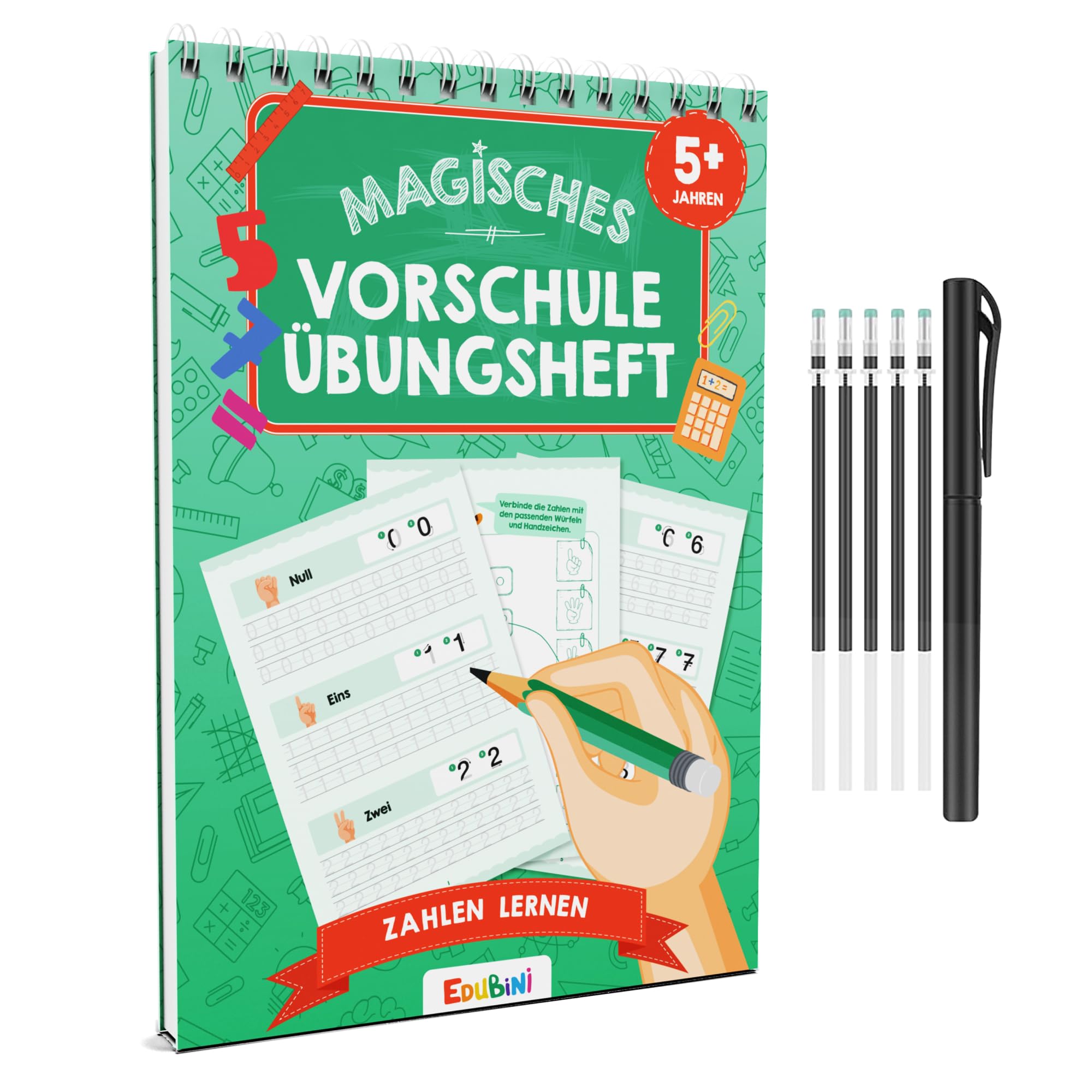 Edubini Magische Vorschule Übungshefte ab 5 Jahren für Junge & Mädchen - [Heft + Stift] - Wiederverwendbare Schreiblernhefte für Vorschule - Zahlen lernen