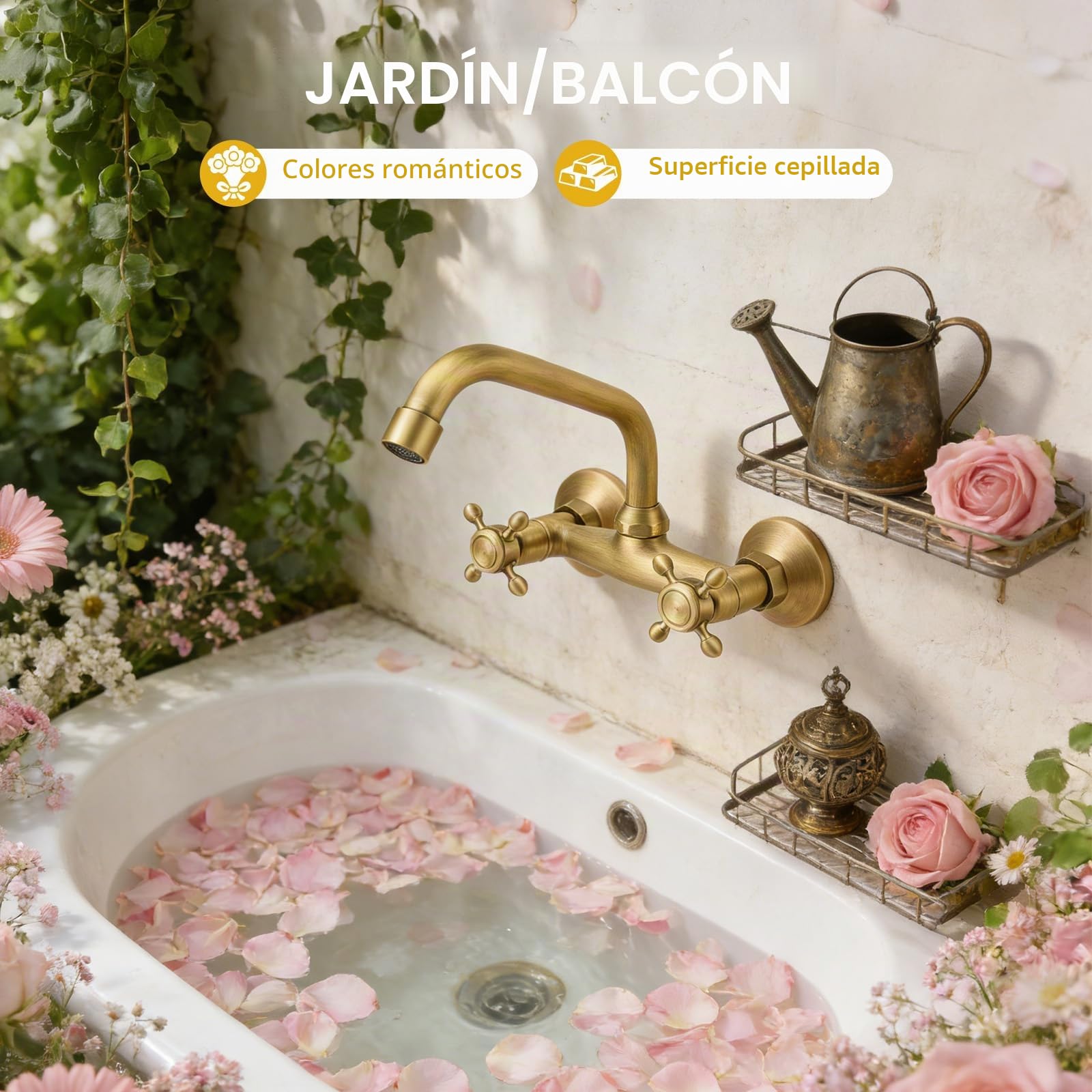 Grifo de pared para lavabo de baño en latón envejecido, mezclador vintage de pared para fregadero de cocina, giratorio 360°, doble maneta para grifo de cocina y baño, caño 25 cm