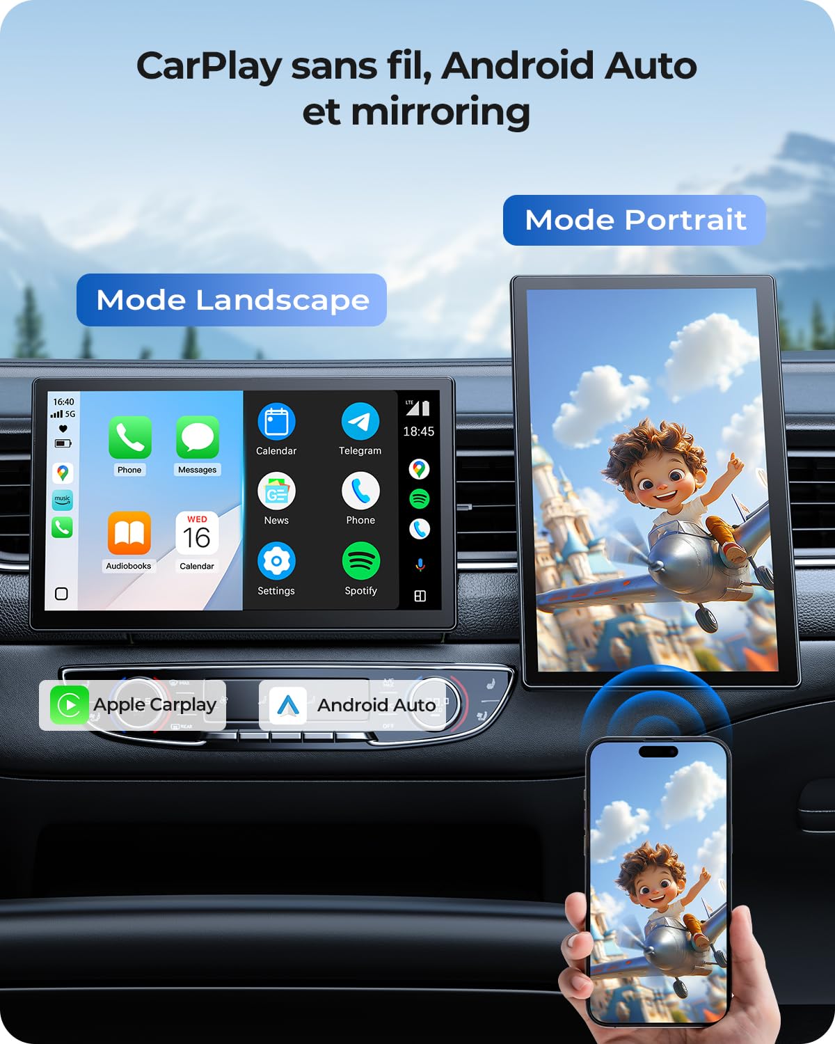 Écran Portable 9'' pour Apple CarPlay & Android Auto, Affichage HD 1024*600, Support Magnétique, Mises à jour OTA, Modes Portrait et Paysage, Caméra de Recul, Bluetooth, Contrôle Vocal, Navigat