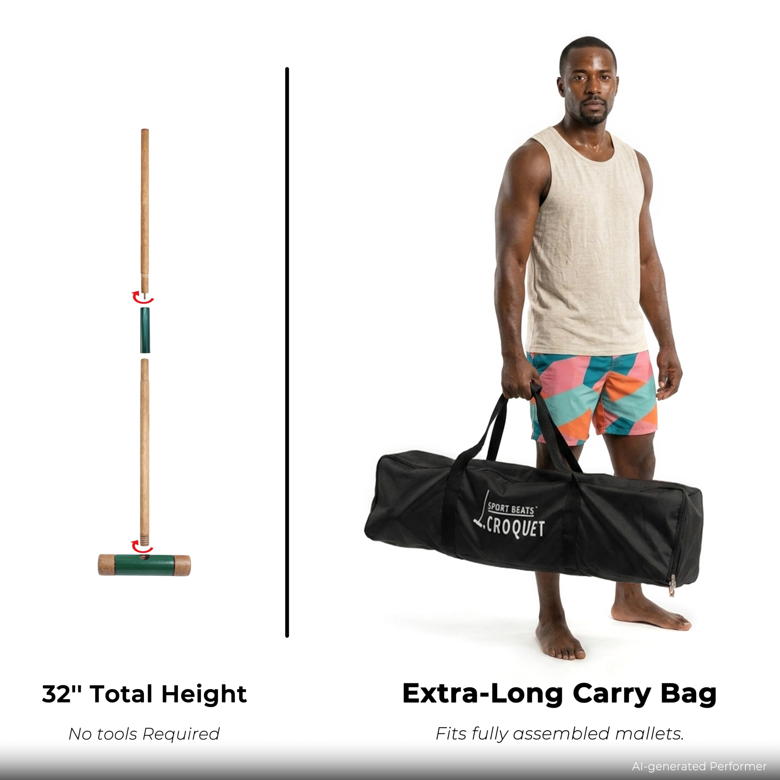 Krocket-Set für sechs Spieler für Erwachsene und Familie, Hinterhof, Outdoor-Spiele | 81,3 cm Schlägel, Gummibaumholz, inklusive 1 Tragetasche, 6 Bälle, 9 Wickets, 2 Heringe