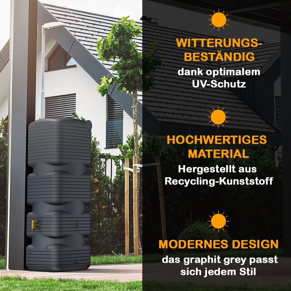 Quadro Wandtank 170 L Graphite Grey Komplett-Set, Regentonne schmal mit Auslaufhahn & Fallrohrfilter, Regenwasserbehälter Hauswand, Regenfass