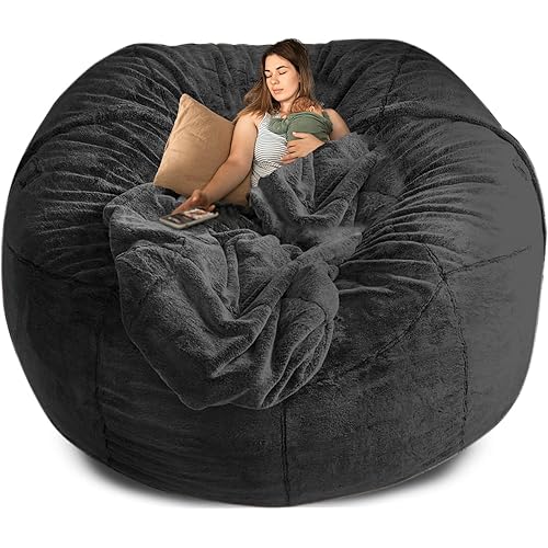 7FT Giant Fur Bean Bag Chair Cover, (No Filler, Cover only) Ultra Soft Bean Bag Bed for Adults Big Round Soft Fluffy Faux Fur Bean Bag Lazy Sofa Bed Cover Machine Washable Big Size Bean Bag Cover