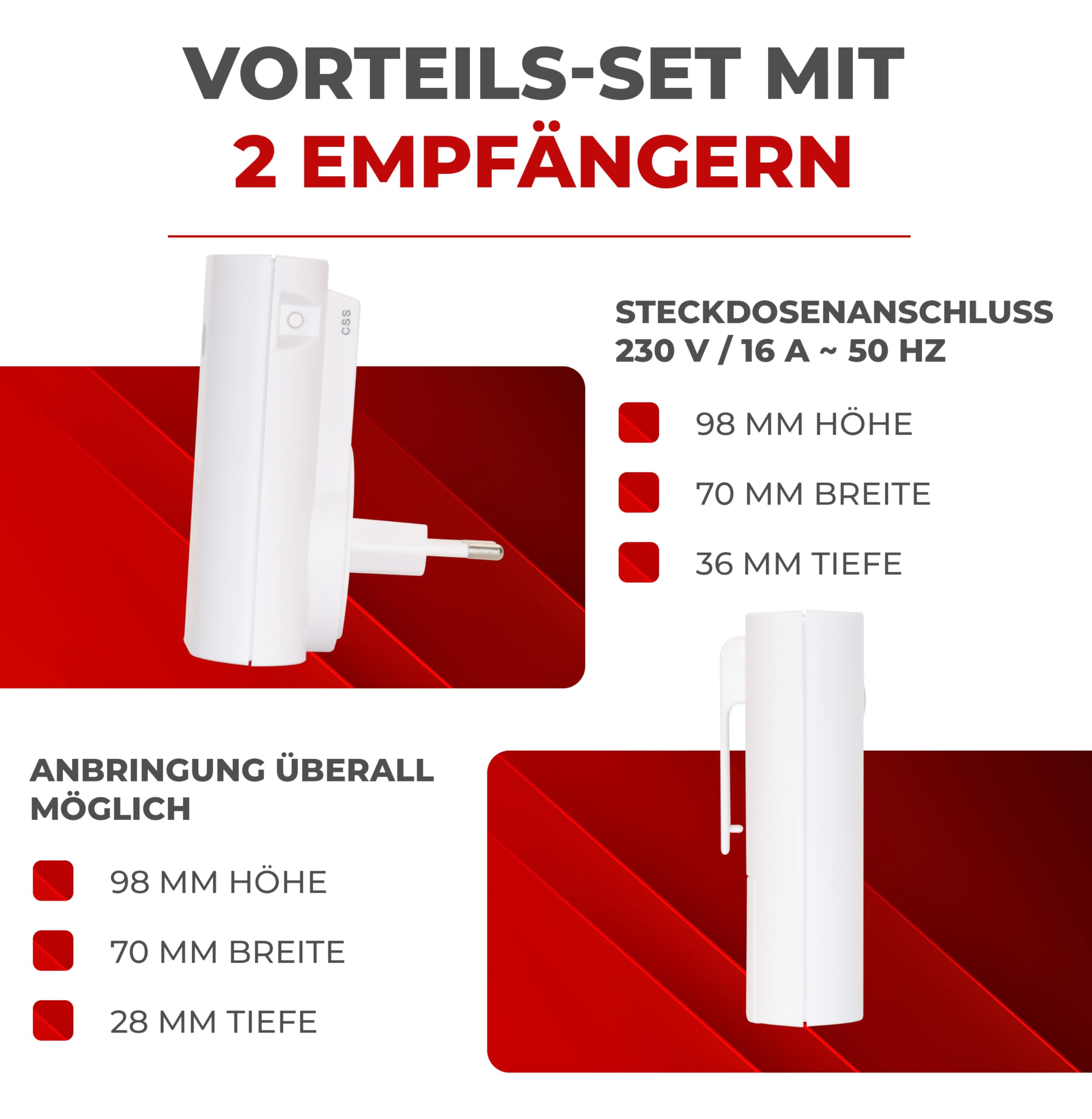 Kit de carillon sans fil HX Twin , système HX, récepteur stationnaire et portable avec clip de ceinture, blanc