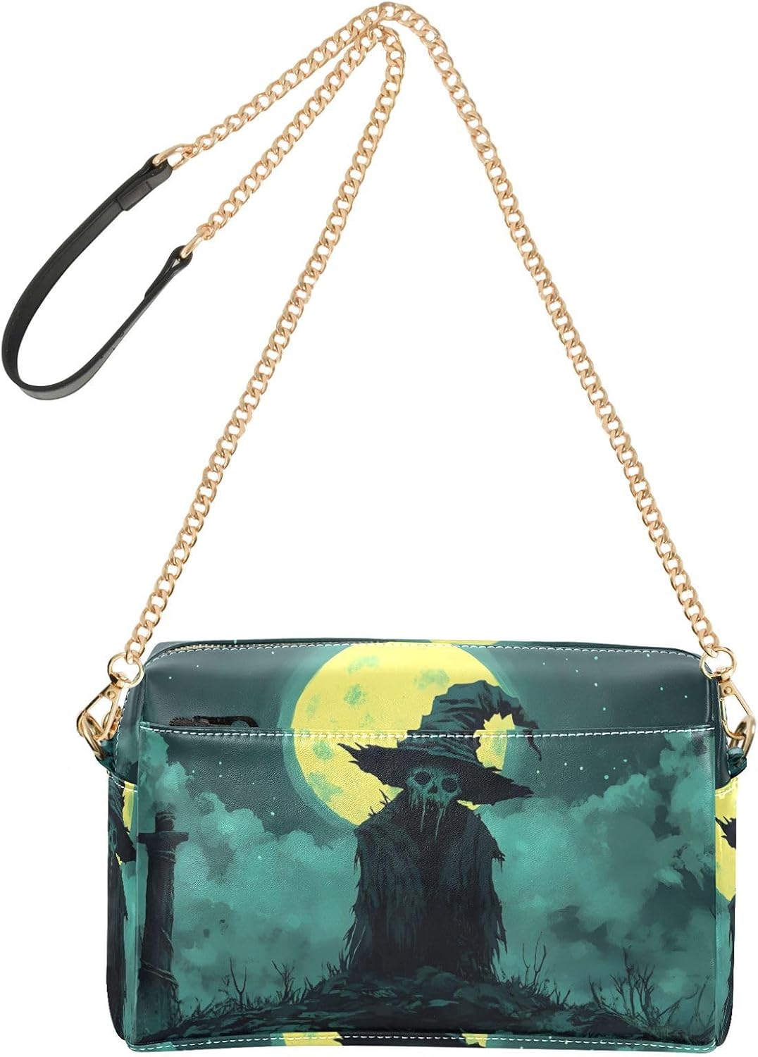 Women Crossbody Bag Shoulder Handbag Cellphone Purse PU Leather Metal Chain Strap Water Resistant Zipper Closure Halloween Grave Print