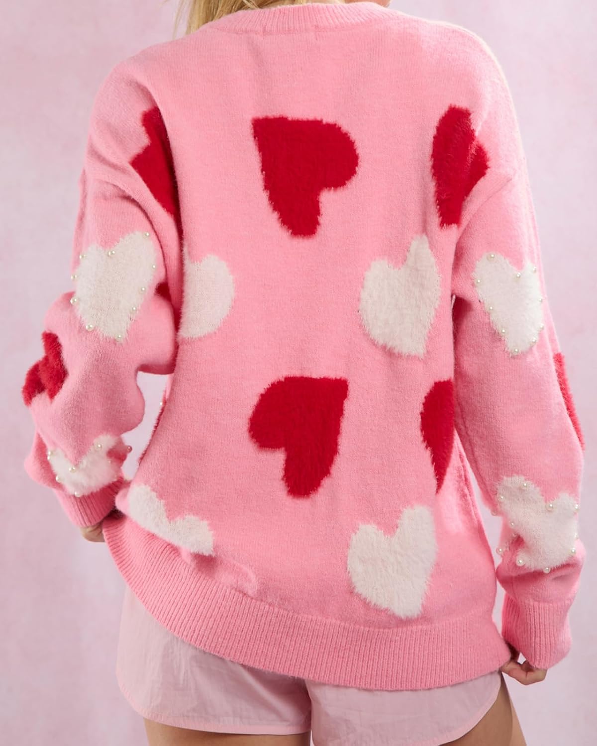 Women Pearl Sweater Love Heart Graphic Knitted Sweatshirts Cute Oversized Pullover Shirts