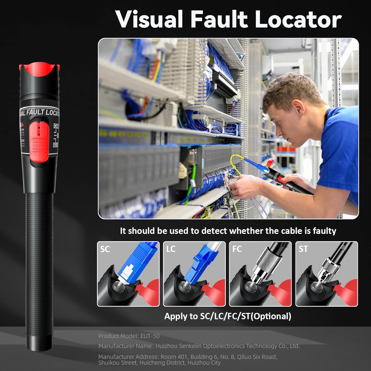 Visual Fault Locator 50KM - VFL Fiber Optic Tester Kit with FC/LC/SC/ST Compatibility - Single Mode 9/125μm for Data Centers & FTTH Network
