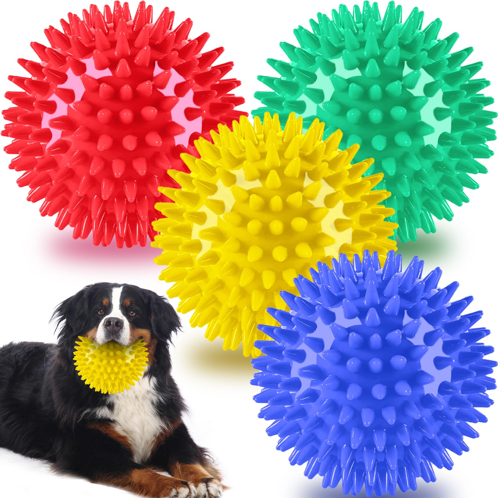 Pweituoet 4 Pack 4.5” Heavy Duty Squeaky Dog Ball for Medium Large Dogs, Spikey Dog Ball Toys for Clean Teeth and Training, Large Dog Toys for Aggressive Chewers (red Green 4pack)