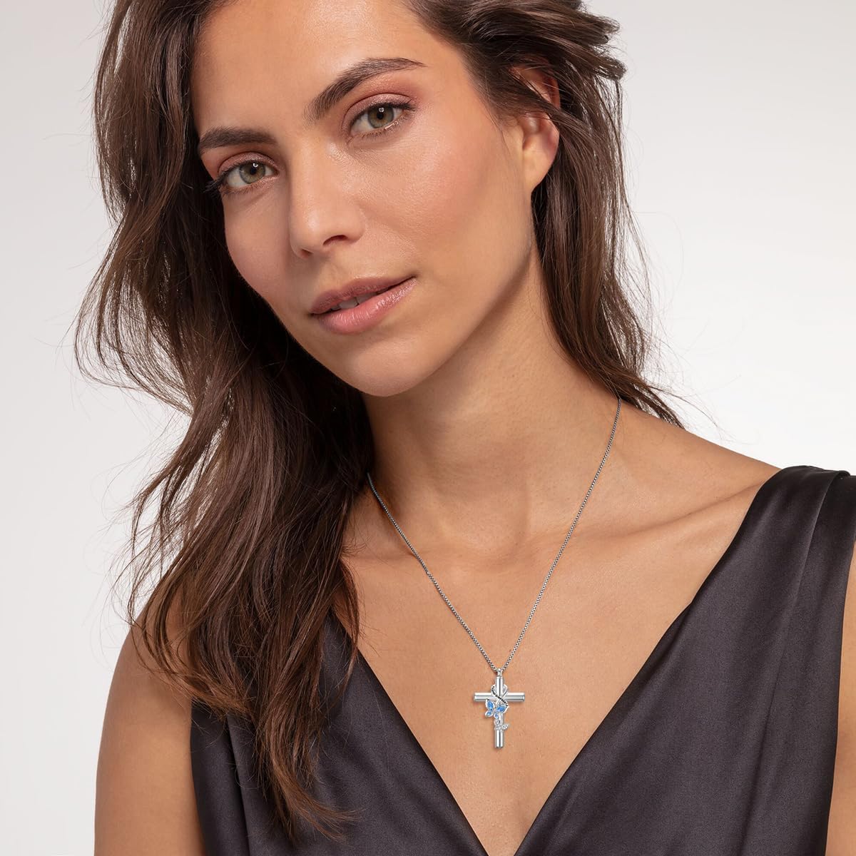 Birthstone Butterfly Cross Urn Necklaces for Ashes White Gold Plated Sterling Silver Cremation Keepsake Necklace w/Funnel Filler Memorial Pendant for Ashes for Human Women Pet