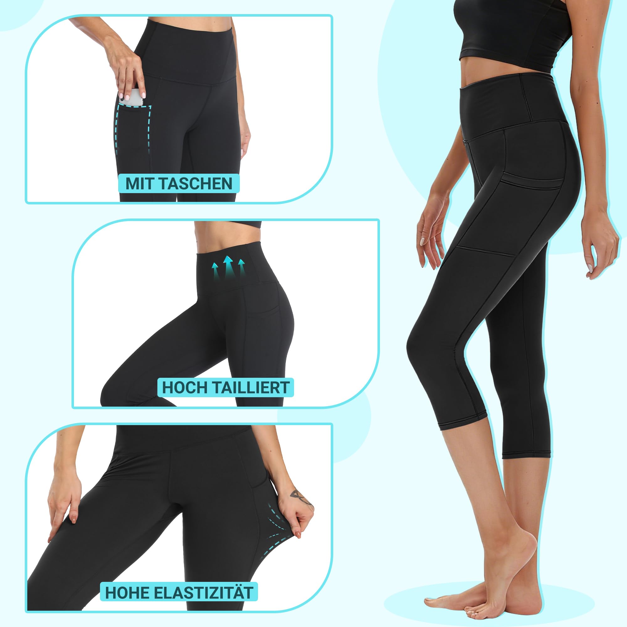 HIPOWER Pack de 3 leggings para mujer con bolsillos, pantalones deportivos capri, pantalones 3/4, pantalones capri, cintura alta, yoga, verano, leggings deportivos para fitness y gimnasio