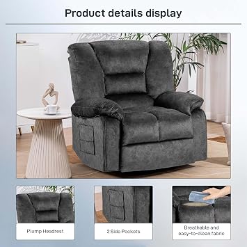 Oversized Recliner Chair & Massage Chair Recliner with Heat,Cozy Lazy Boy Recliners Chairs for Adults, Gray Recliners Chairs&Manual Reclining with Wide Seat, Adjustable Backrest,Pockets (Grey)