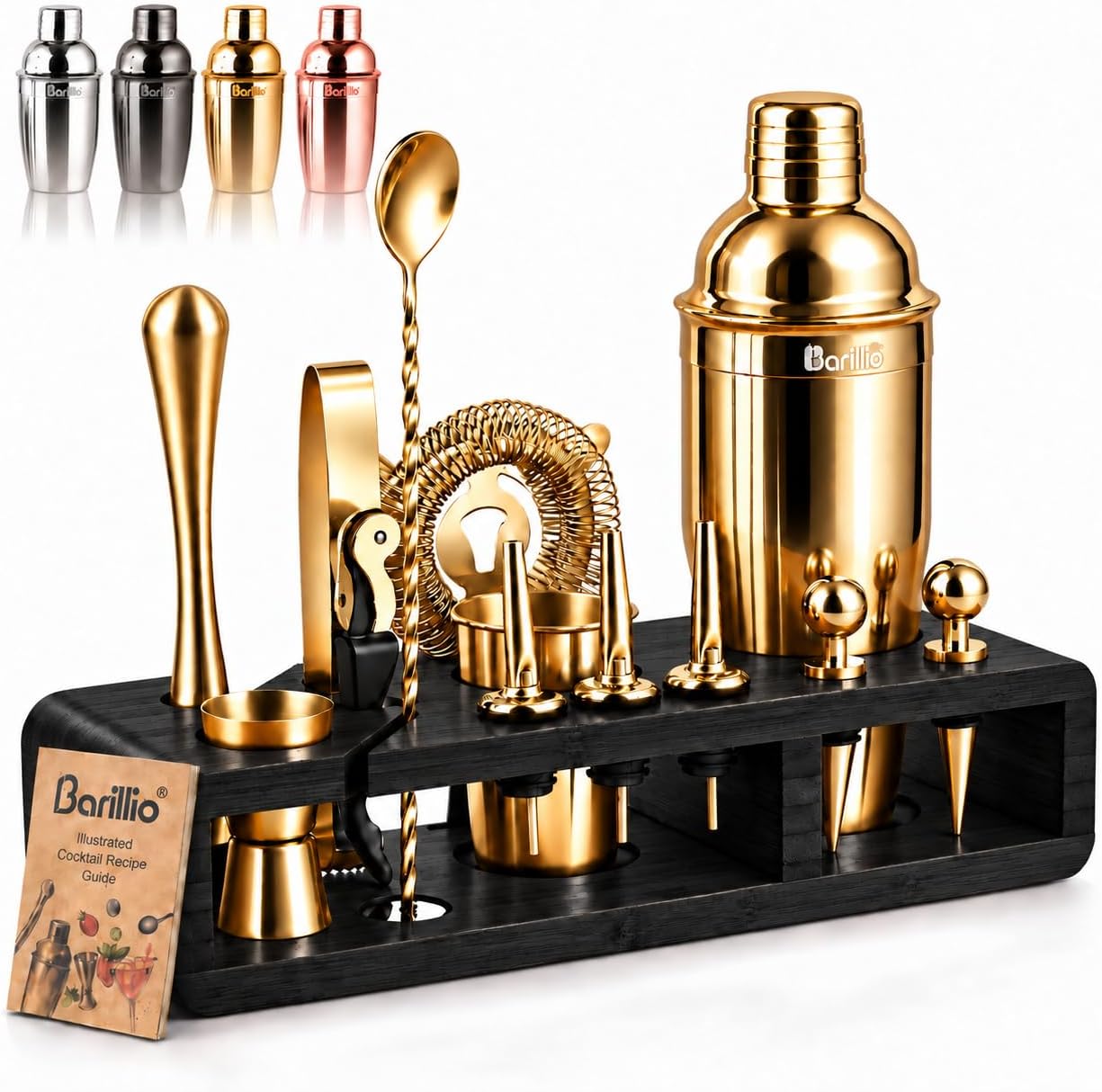 Barillio Gold Bartender Kit - Stainless-Steel Cocktail Shaker Set w/Black Bamboo Stand - Mixology Bar Tools w/Drink Shaker, Mixer, and Muddler for Cocktails - Home Bar Accessories - 23-Pc Bar Set